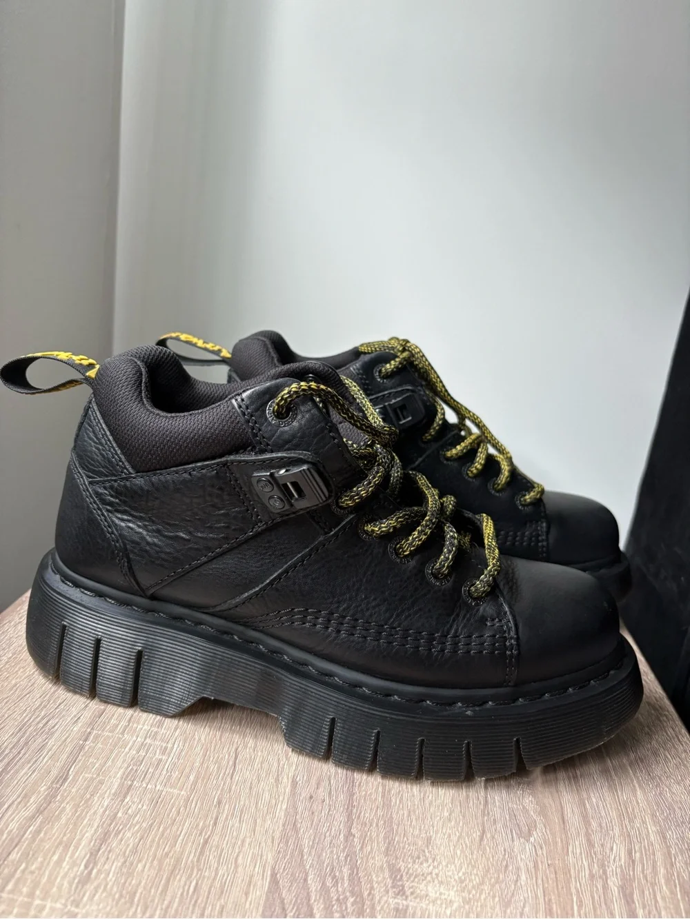 Dr. Martens Black Leather Woodard Boots with Yellow Stitching